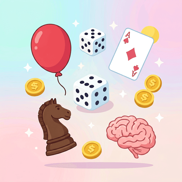 A playful jumble of psychology games — balloon, dice, cards, coins, a brain